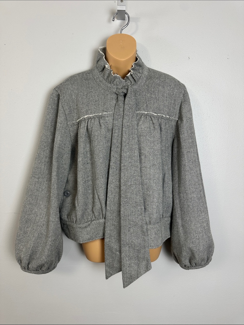 Lux Herringbone Wool Blend Cheshire Balloon Sleeve Tie Neck Statement Jacket